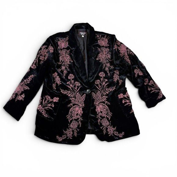 Johnny Was Jackets & Blazers - Johnny Was Workshop Vaiora Heavy Blazer Women's L Black Velvet Pink Embroidery